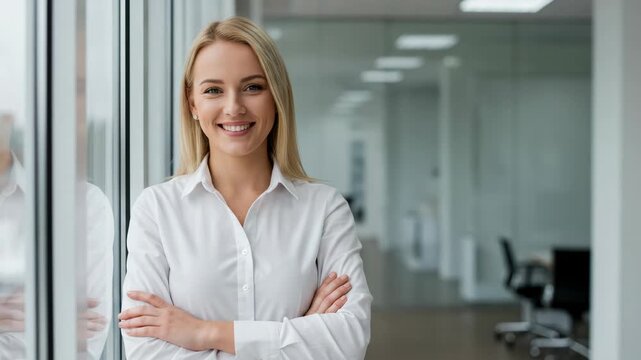 Confident businesswoman with blonde hair, wearing a white collared shirt, standing with arms crossed in a modern office interior, smiling at the camera