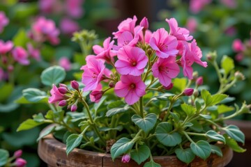 Fototapeta premium geranium pink blossoms glowing, harvested for essential oil, cinematic realism, rustic floral apothecary, natural tones, aromatic herbal production emphasized.