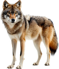 Fototapeta premium A lone gray wolf with tan and black fur stands alert on a black canine transparent background