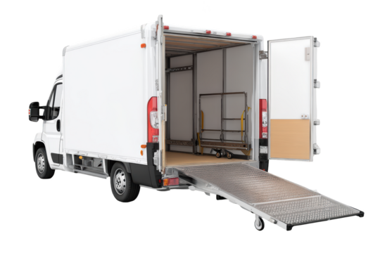 White delivery van open, showing ramp and cargo space