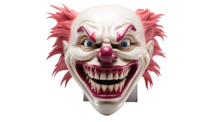 Terrifying clown mask with menacing grin and wild pink hair, perfect for Halloween horror themes