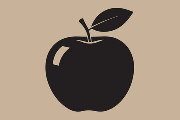 Simple silhouette of a black apple with a leaf on a tan background