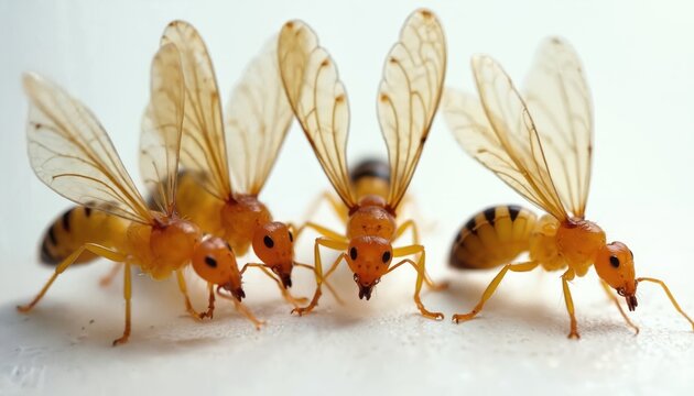 Close-up shot shows winged termite swarmers on white surface. Pests delicate wings, orange bodies. Control, eradication, extermination concept. Ants invasion, pest problem, infestation treatment.
