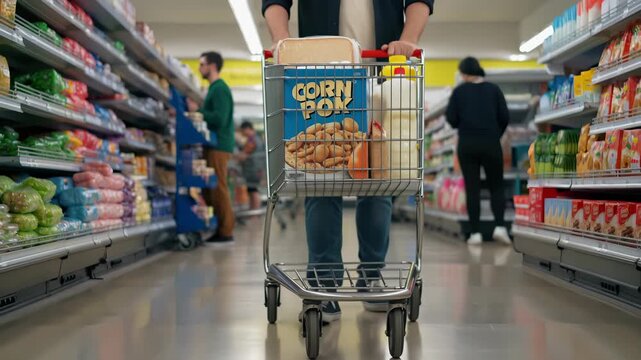 Customer is pushing a shopping cart in a supermarket aisle with various food products, while other customers are choosing products from the shelves