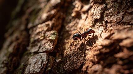 Close-up of a black and reddish-brown ant crawling on rough textured tree bark with detailed natural lighting