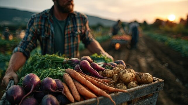 A farmer transports a harvest of various vegetables in a wheelbarrow at sunset. shallow depth of field