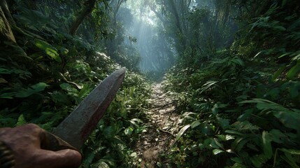 First-person view of a dense tropical jungle path illuminated by dappled sunlight with a hand holding a large sharp machete