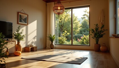 peaceful yoga studio glowing softly, rosemary oil diffused, promoting focus and circulation, cinematic realism, natural tones emphasized, calming health wellness.