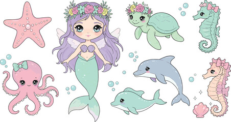 Mermaid princess sticker pack, pastel sea creatures clipart, shell mermaids, ocean fairy tale art, underwater digital download © MSAYASHA