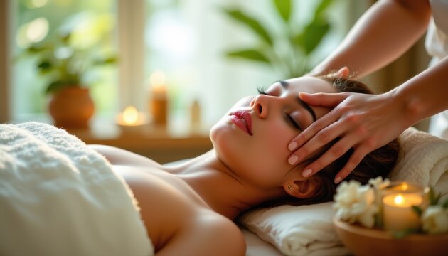 peaceful spa glowing softly, eucalyptus essential oil massage applied, refreshing energy and easing tension, cinematic realism, soothing tones emphasized, calming natural health environment.