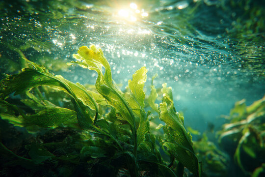 Underwater world of sea kelp forest illuminated by sunlight creating an ethereal, shimmering seascape.
