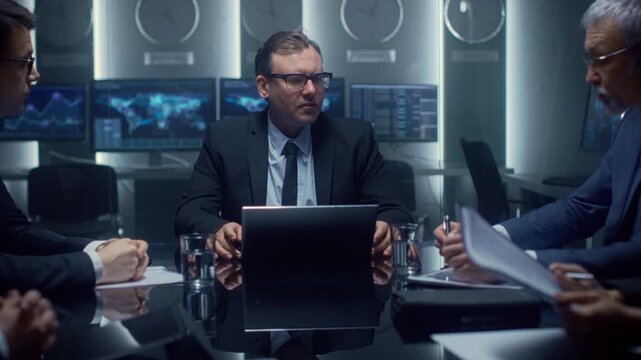 Executives Gather in a Conference Room, Discussing Analytics and Reviewing Data on Laptops. Multiple Screens Display Charts and World Maps, Focused Business Meeting on Financial Performance.