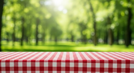 Picnic Tablecloth in a Park: A vibrant red and white checkered picnic tablecloth, creating a warm, inviting feel for a sunny day outing in a park. The blurred background adds an atmosphere.