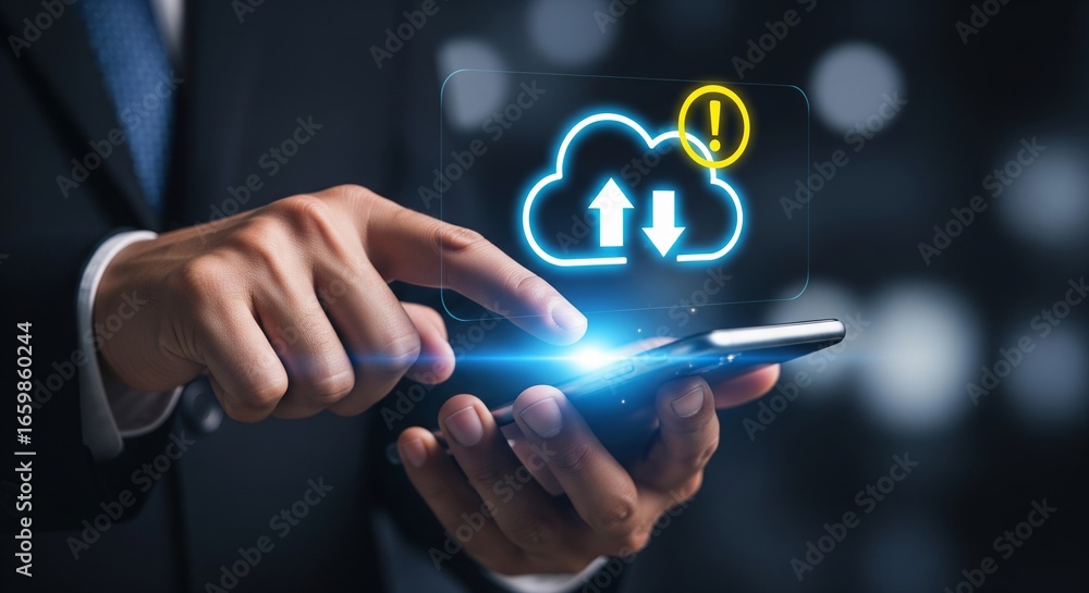 Fototapete cloud data connection: a person in a professional attire holds a glowing smartphone, interfacing wit