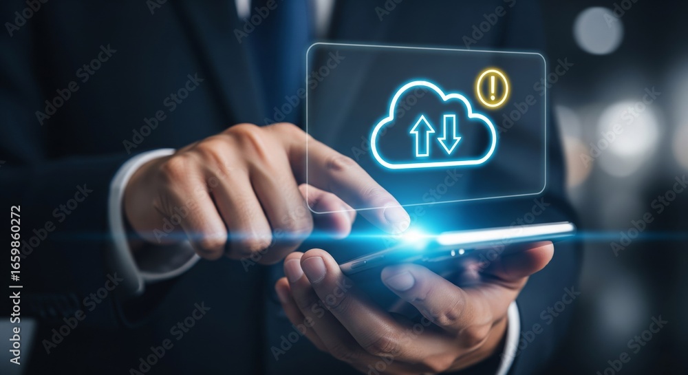 Fototapete cloud computing in focus: a sleek depiction of data synchronization between cloud and mobile device.