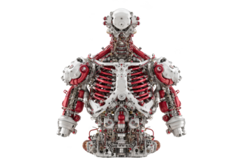 Mechanical torso design, exposed ribs, wires, and metallic components, futuristic