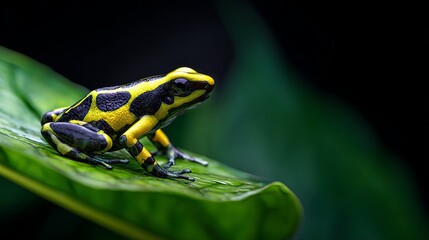 Vibrant yellow and black poison dart frog perched on lush green leaf with dark blurred background