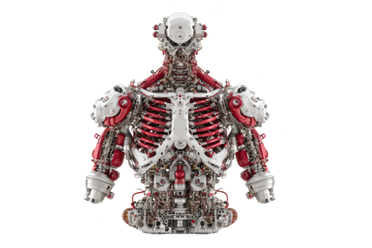 Mechanical torso design, exposed ribs, wires, and metallic components, futuristic - Powered by Adobe