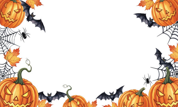 Halloween themed border with jack-o'-lanterns, bats, spiders in webs, and autumn leaves arranged around a white central space.
