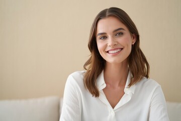 Portrait of a smiling woman with brown hair wearing a white shirt against a beige background