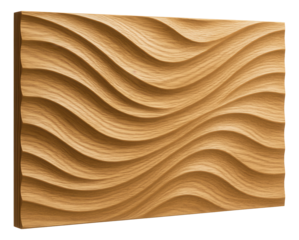 Textured wooden panel with a wave pattern to evoke a sense of movement in a bathroom.