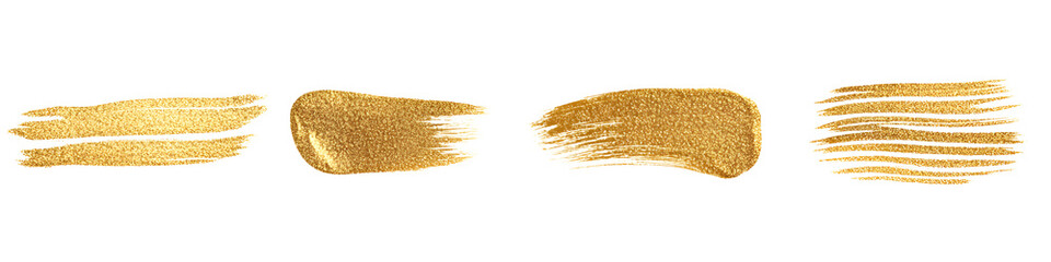 Four gold paint brush strokes and texture patterns isolate metallic abstract
