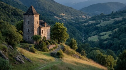Fototapeta premium Classic Watchtower on Green Hilltop Overlooking Scenic Valley Landscape