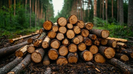 Stacked Logs in Forest  Timber Harvesting  Woodpile