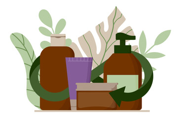 Cosmetic containers with recycle arrows and leaves isolated on white. Sustainable skincare concept with refill and reusable packaging for natural, organic, clean beauty and eco conscious branding