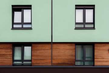 Modern architecture showcases a green building with wooden accents and large windows, highlighting contemporary design elements and urban aesthetics