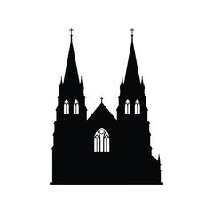 Obraz premium Silhouette of a majestic gothic cathedral with spires against a stark white backdrop vector