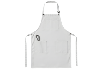 Clean white kitchen apron with a whisk, perfect for culinary professionals, cooking enthusiasts, and food bloggers, ready for branding.