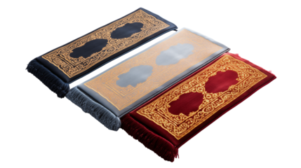 Elegant Islamic prayer mats in rich colors with intricate gold patterns inspire devotion and tranquility.