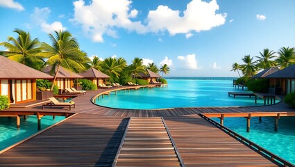 A tropical resort with overwater bungalows and wooden walkways under a bright blue sky with clouds
