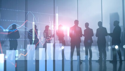 Abstract digital panels with line graphs, silhouettes of teams, futuristic office blue-gray tones.