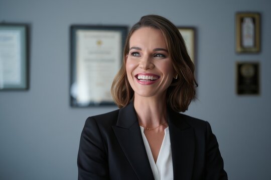 Portrait of a smiling woman in a black blazer with certificates on the wall behind her