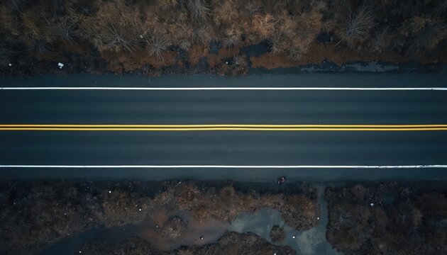 Top aerial view of straight asphalt road with double yellow lines through center. Road surrounded by bushes, trees, water. Drone shot of empty scenery at countryside. Cold dark landscape.