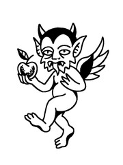 Funny devil holding an apple, vintage tattoo illustration