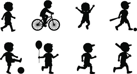 Children silhouette vector set, running, cycling, jumping, kicking ball, holding balloon, playing sports, black icons, blue accent, isolated on white background