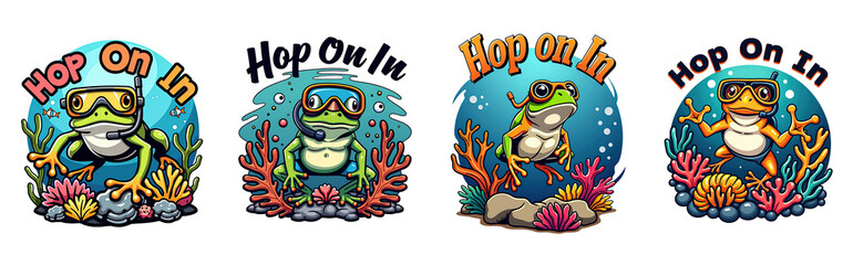 Naklejka premium Four cartoon frogs wearing snorkel masks swim among coral reefs and underwater plants with text transparent background