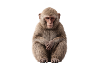 Seated monkey, looking downward, in natural pose against black background