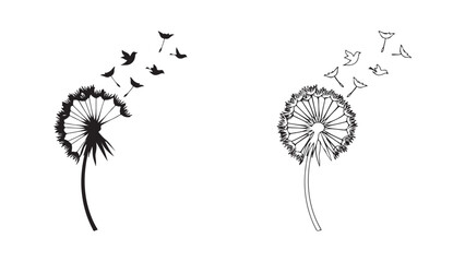Dandelion seeds and birds flying with transparent background
