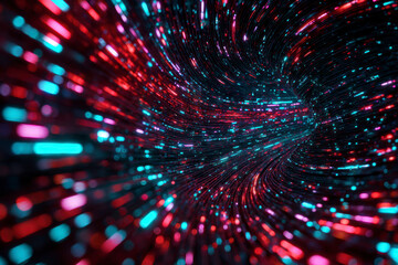 Digital vortex of light: A mesmerizing tunnel effect with vibrant streaks of red and blue digital radiance.