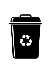 A black silhouette of a recycling bin with a white recycling symbol, isolated on a white background.
