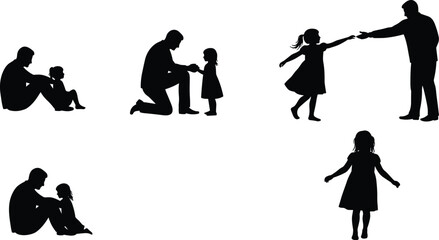 Father and daughter silhouette vector set, sitting, dancing, holding hands, emotional bonding moments, black icons, family relationship, isolated on white background