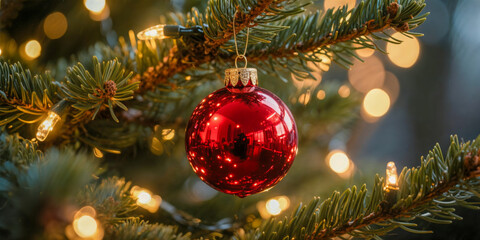 Festive red christmas ornament on pine tree with warm string lights, Christmas and New Year celebration