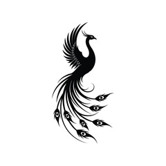Elegant black silhouette of a mythical phoenix bird rising with flowing tail feathers vector