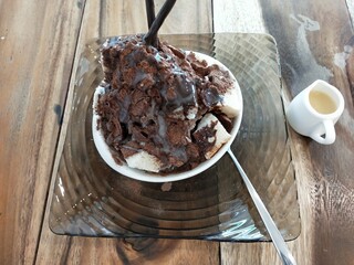 Chocolate Bingsu Shaved Ice Dessert with Condensed Milk