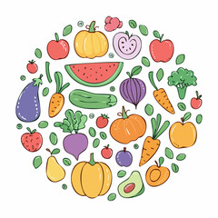 A vibrant circular arrangement of colorful fresh fruits and vegetables, showcasing a healthy lifestyle and natural goodness in a playful illustration style.