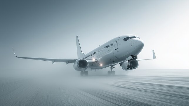 Commercial jet airplane taking off from airport runway in foggy weather